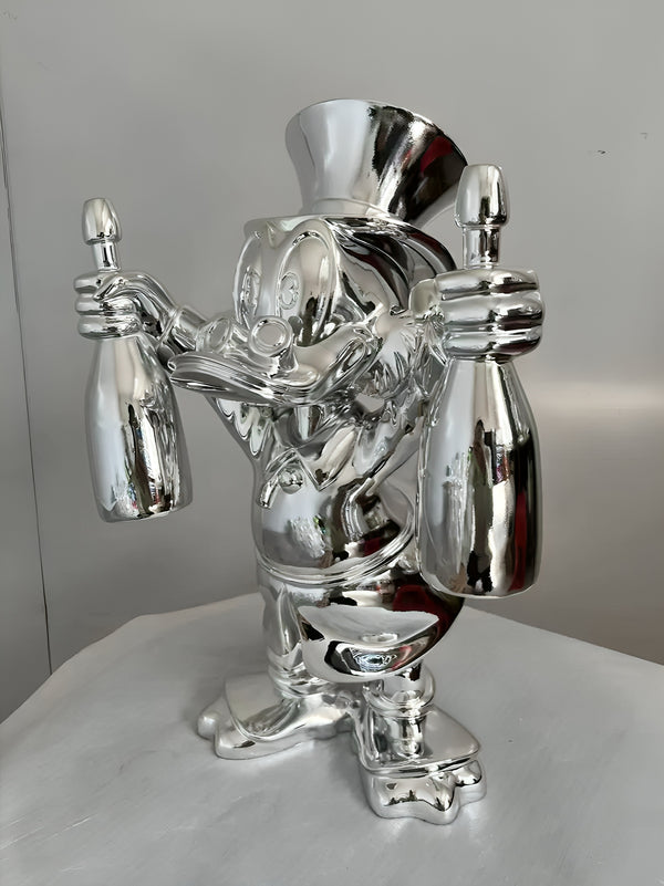 Rich Mc Duck Replica Holding Champagne Bottles Figurine Statue - Silver