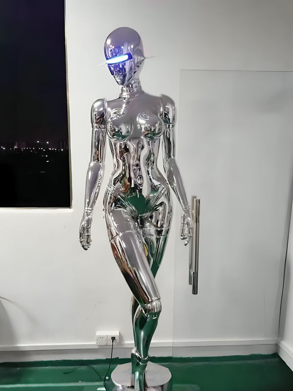 Futuristic Abstract Humanoid Robot with Light Visor Holding Gun Floor Statue - Silver