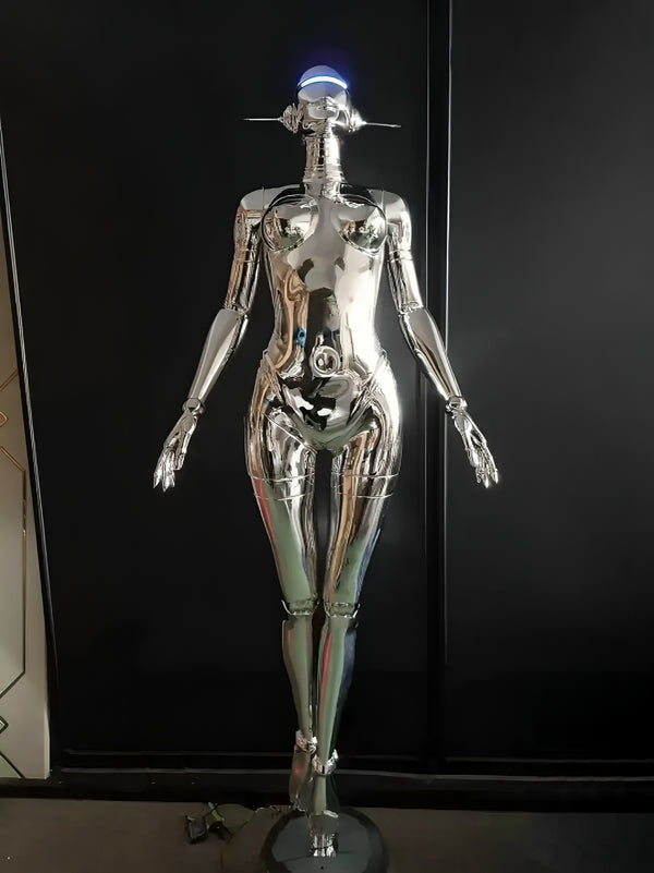 Futuristic Abstract Humanoid Robot with Light Visor Looking Up Floor Statue - Silver