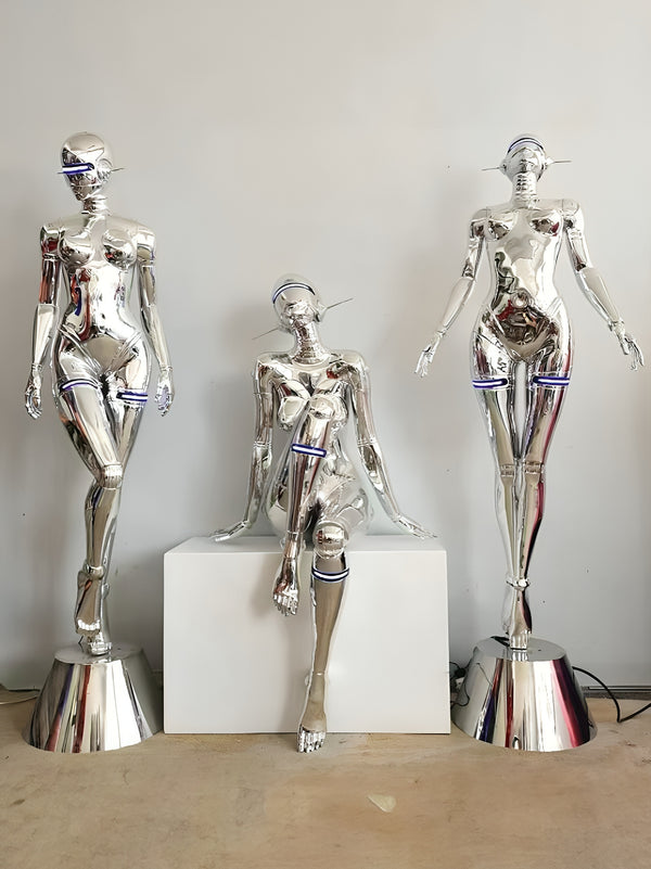 3 x Combo Futuristic Abstract Humanoid Robot with Light Visor Floor Statues - Silver