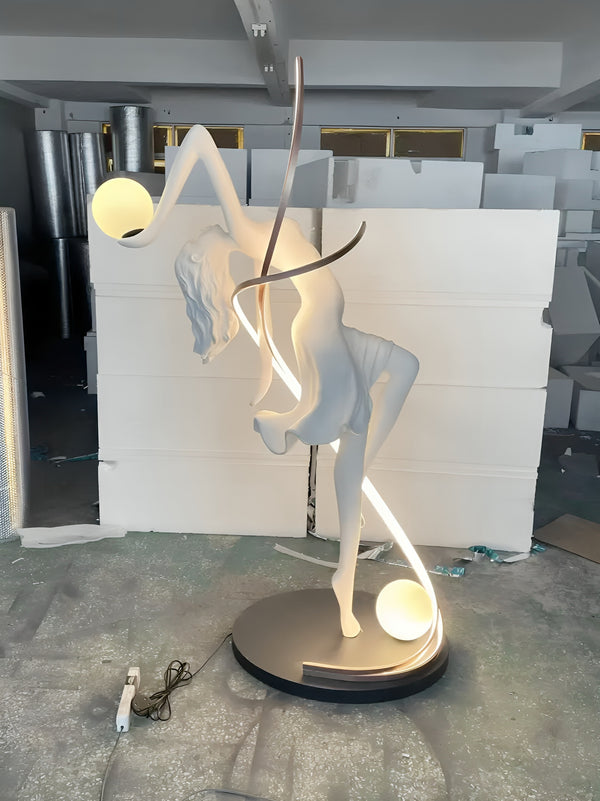 Abstract Woman In Dance Holding Light Floor Statue - White