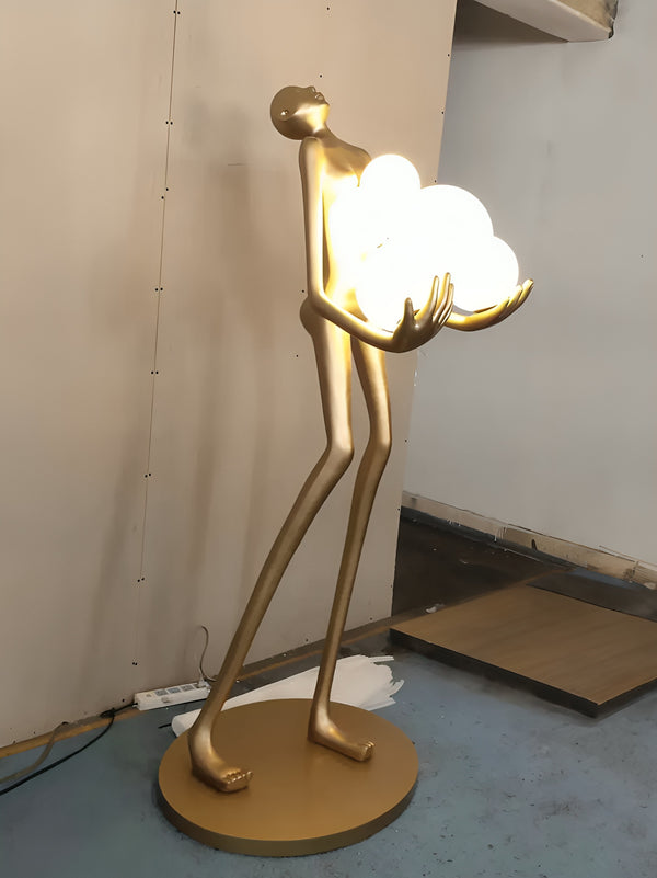 Abstract Human Holding Lights Emotional Looking Up Lamp Floor Statue - Gold