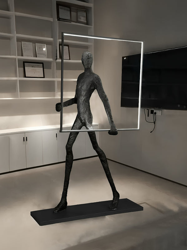 Abstract Human Walking Holding Square Light Lamp Floor Statue - Black