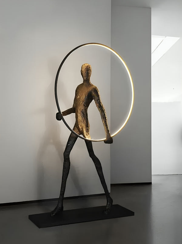 Abstract Human Walking Holding Circular Light Lamp Floor Statue - Black