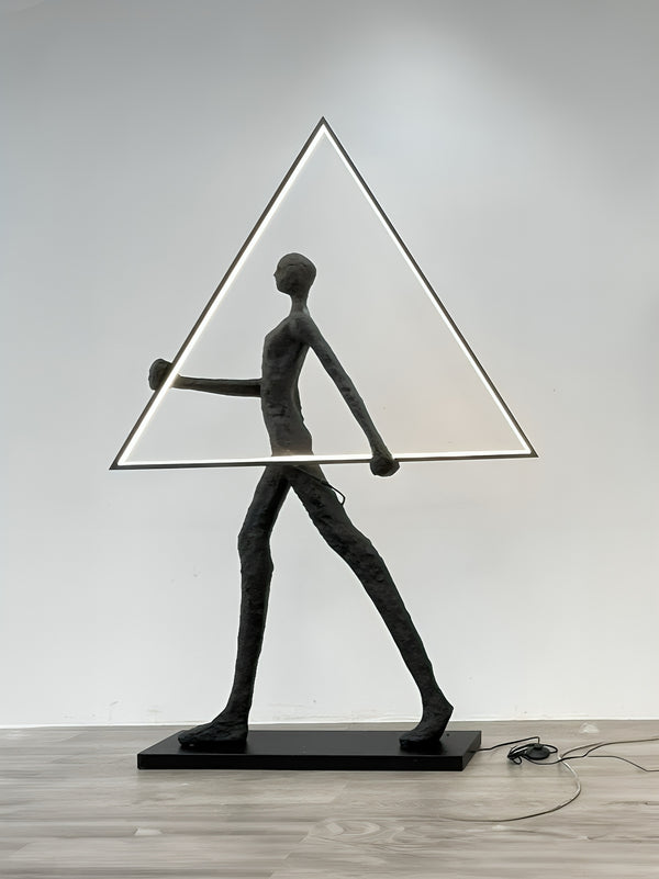 Abstract Human Walking Holding Triangular Light Lamp Floor Statue - Black