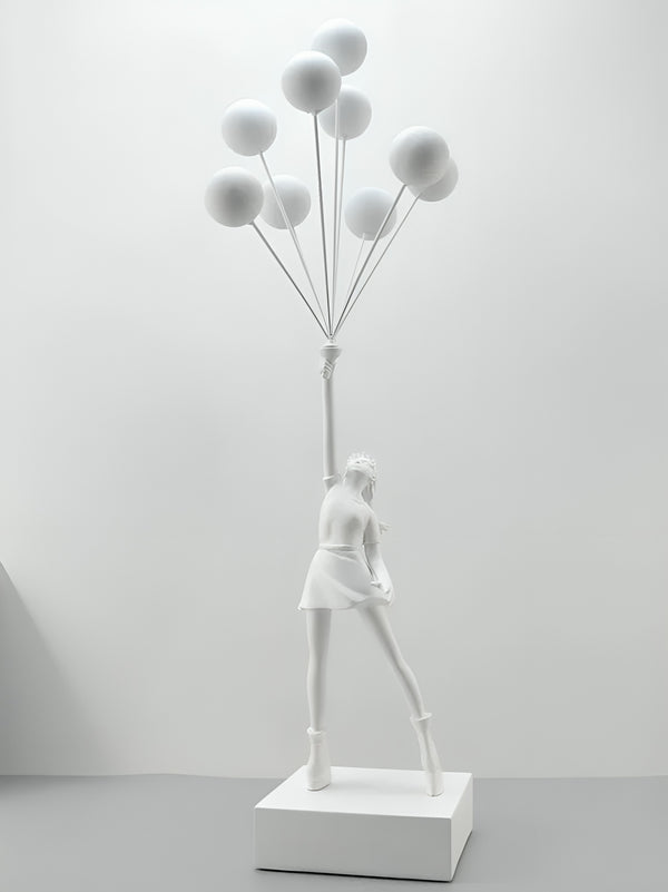 Woman Holding Up Multiple Balloons into Air Figurine - White