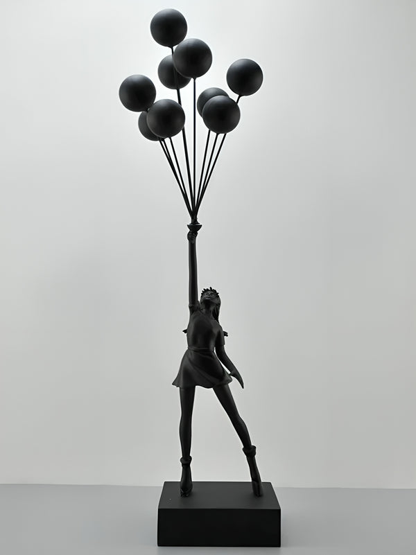 Woman Holding Up Multiple Balloons into Air Figurine - Black