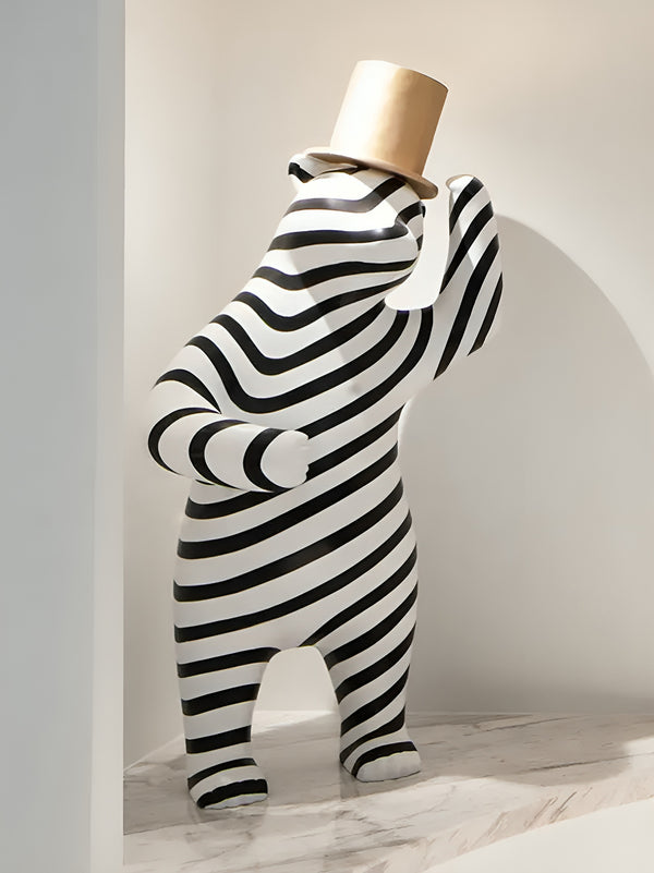 Striped Bear with Top Hat Standing Floor Statue - Black & White