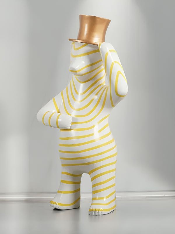 Striped Bear with Top Hat Standing Floor Statue - Yellow & White