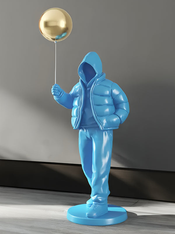 Hooded Street Abstract Human Holding Balloon Floor Statue - Blue