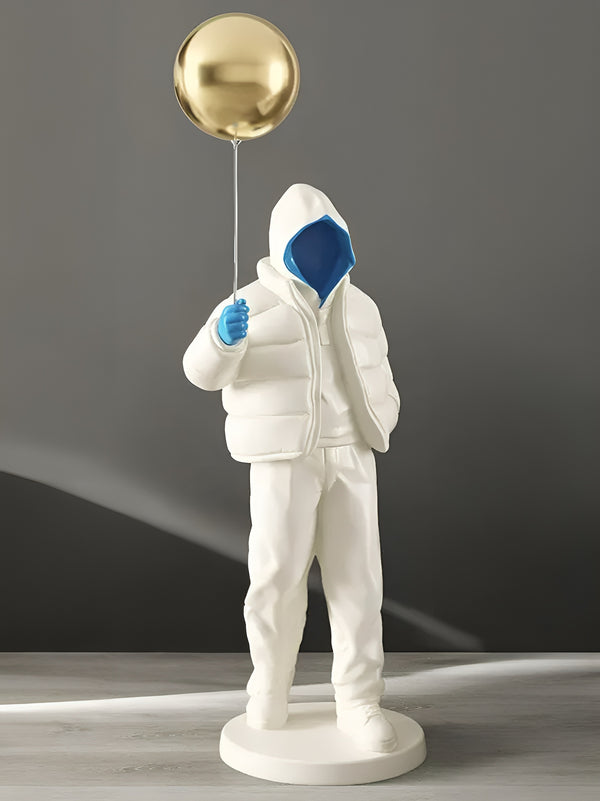 Hooded Street Abstract Human Holding Balloon Floor Statue - White