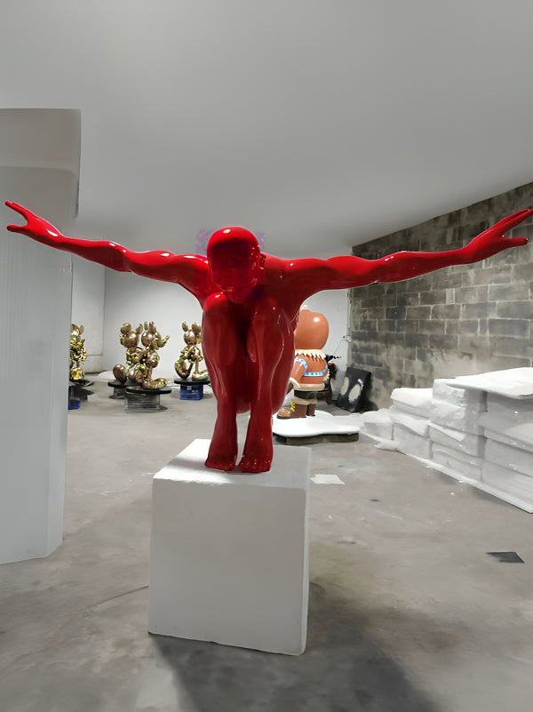 Diving Man Crouched Abstract Statue - Red