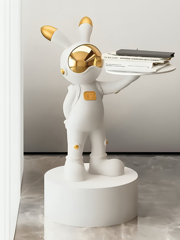 Rabbit Astronaut Character with Gold Visor Tray Floor Statue - White