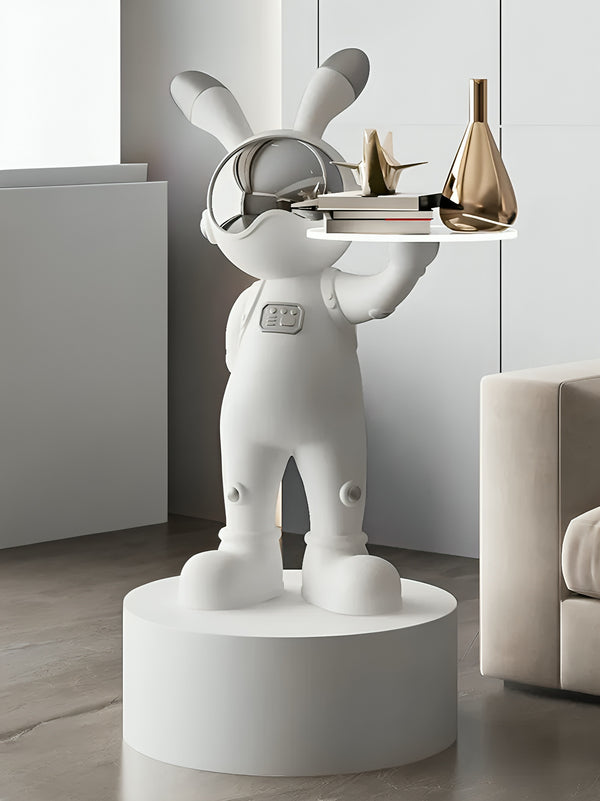 Rabbit Astronaut Character with Silver Visor Tray Floor Statue - White