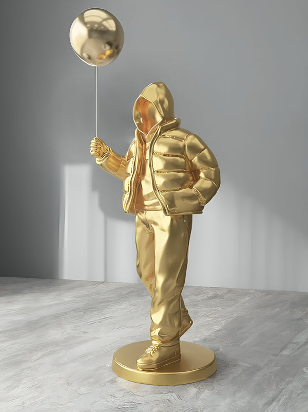 Hooded Street Abstract Human Holding Balloon Floor Statue - Gold