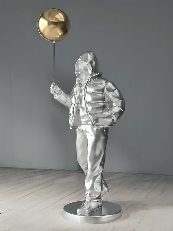 Hooded Street Abstract Human Holding Balloon Floor Statue - Silver / Gold