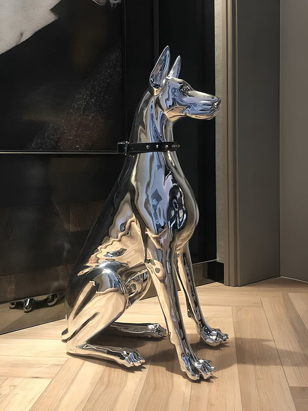 Guard Dog Posed Electroplated Floor Statue - Silver