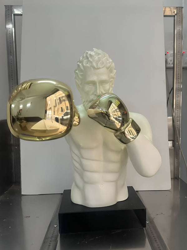 Boxing Roman Bust with Golden Gloves Standing Floor Statue