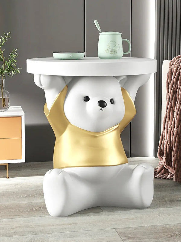 Cute Bear Holding Table Above Head Floor Statue - White / Gold