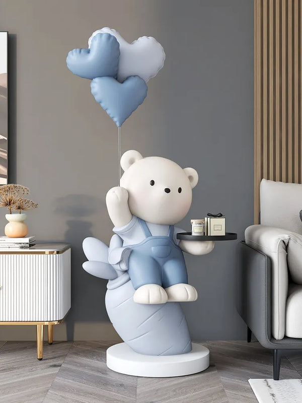 Teddy Sitting on Carrot Holding Balloons Tray Holder Floor Statue - Blue