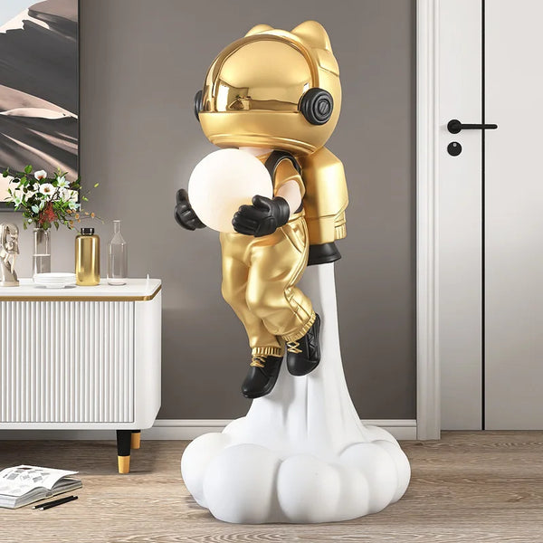 Flying Astronaut On Smoke Cloud Holding Moon Lamp Statue - Gold