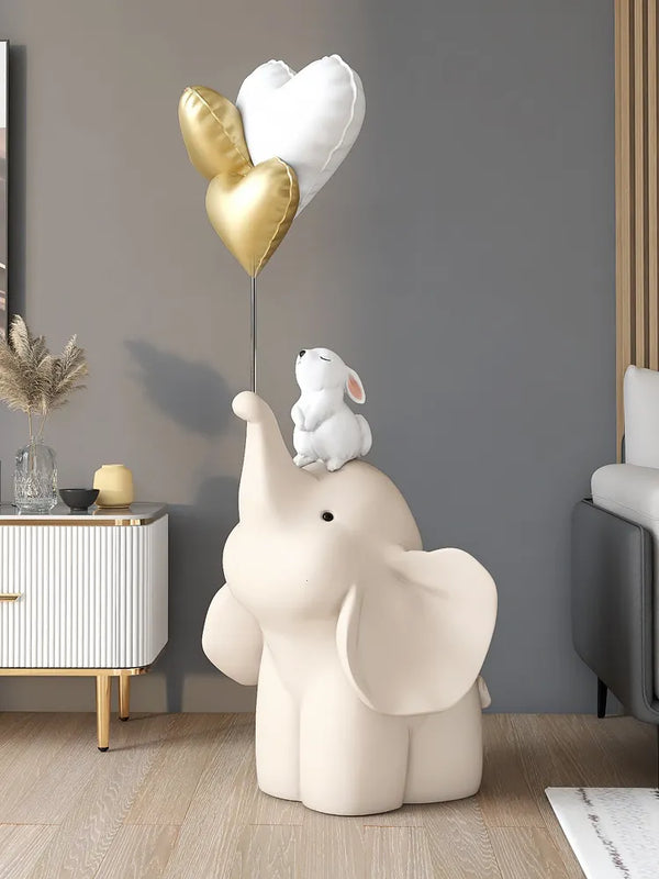 Elephant Holding Balloons With Rabbit Resin Statue - White