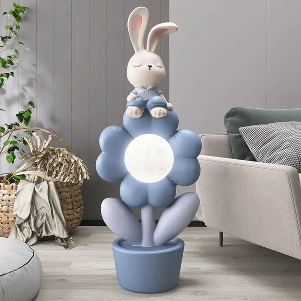 Flower Lamp with Rabbit Sitting On Top Standing Statue - Blue