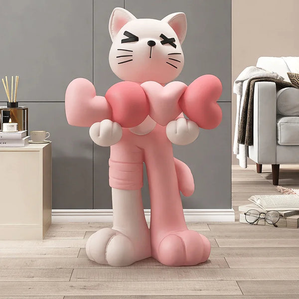 Cat Holding Love Balloons Standing Floor Statue - Pink
