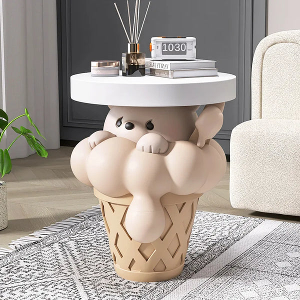 Bear In Melted Ice Cream Cone Table Floor Statue - Mocha