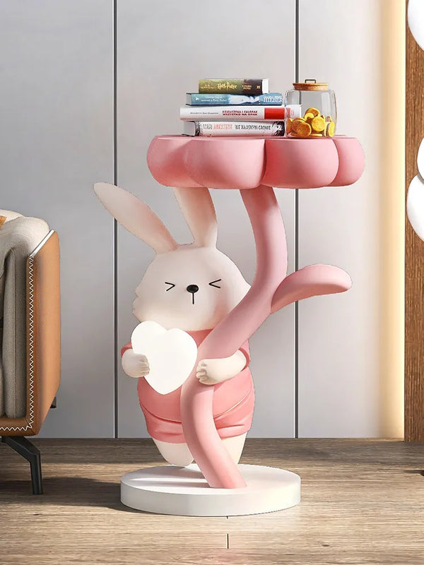Rabbit Holding Flower Table Floor Lamp Statue - Pink