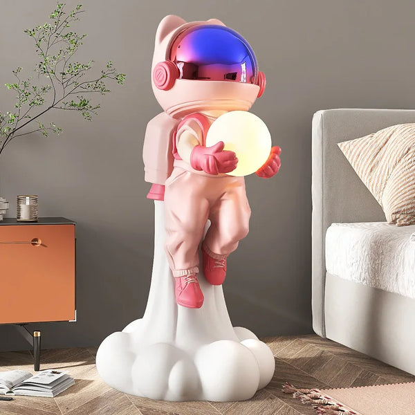 Flying Astronaut On Smoke Cloud Holding Moon Lamp Statue - Pink