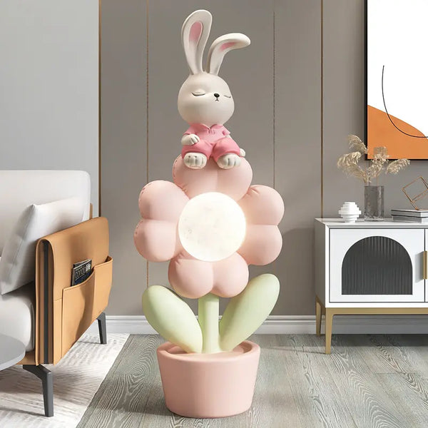 Flower Lamp with Rabbit Sitting On Top Standing Statue - Pink