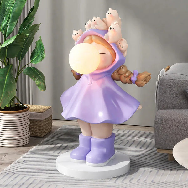 Girl Blowing Light Bubble Hooded Animals Floor Statue - Violet