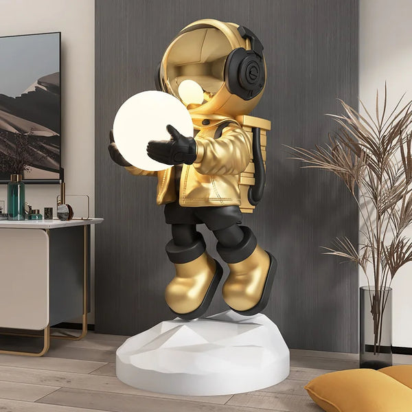 Flying Astronaut Holding Moon Lamp Off Floor Statue - Gold