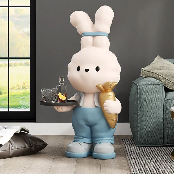 Bunny With Ears Together Holding Carrot and Tray Holder Floor Statue - Blue