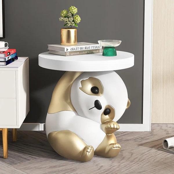Lazy Panda Holding Table Floor Statue - Gold
