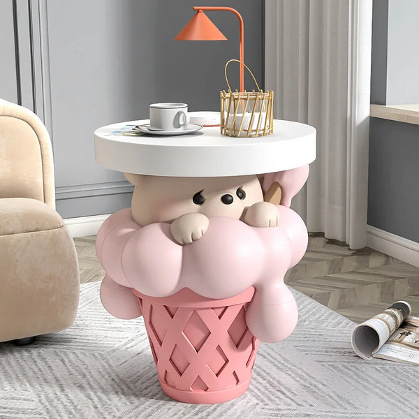 Bear In Melted Ice Cream Cone Table Floor Statue - Pink