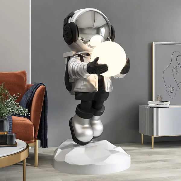 Flying Astronaut Holding Moon Lamp Off Floor Statue - White