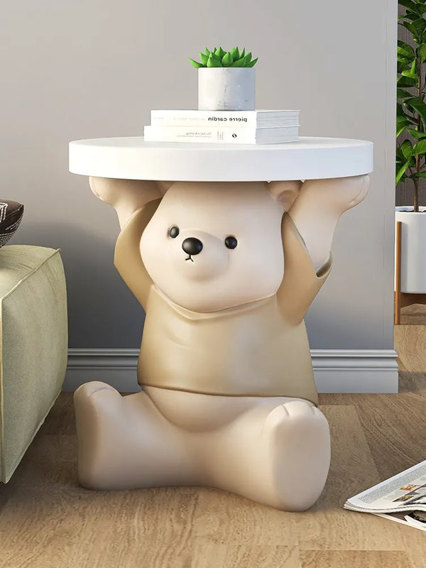 Cute Bear Holding Table Above Head Floor Statue - Mocha