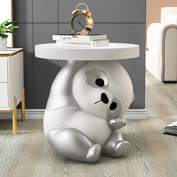 Lazy Panda Holding Table Floor Statue - Silver