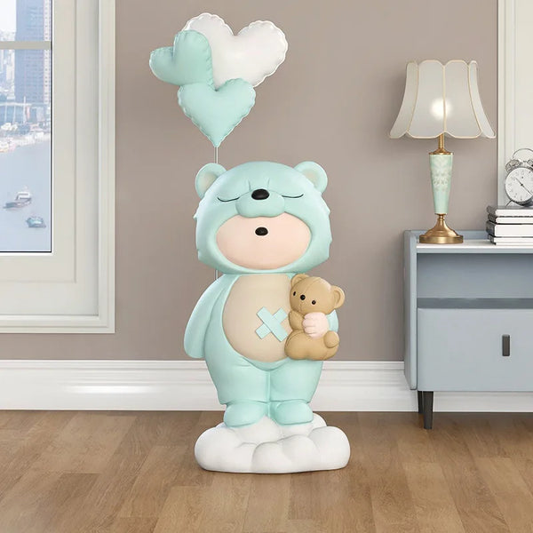 Bear Costume Holding Bear with Balloons Floor Statue - Aqua