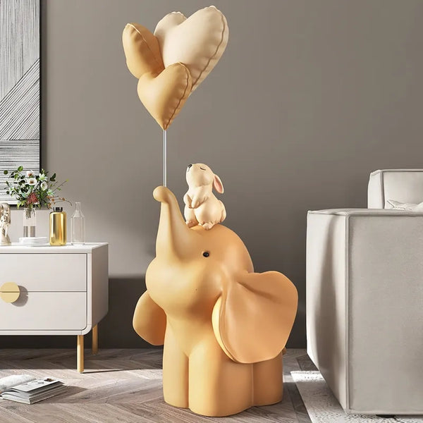 Elephant Holding Balloons With Rabbit Resin Statue - Golden