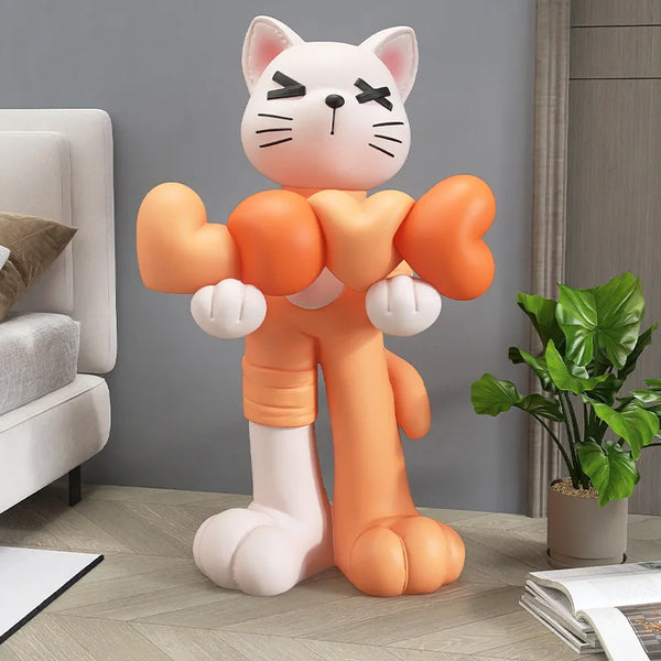 Cat Holding Love Balloons Standing Floor Statue - Orange