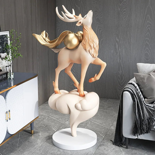 Royal Reindeer Standing on a Cloud Floor Statue - Golden / Gold