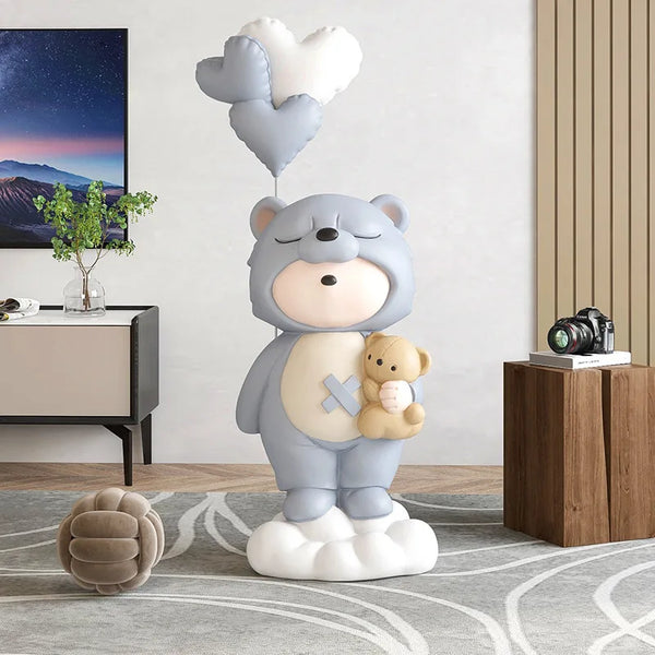 Bear Costume Holding Bear with Balloons Floor Statue - Night Grey