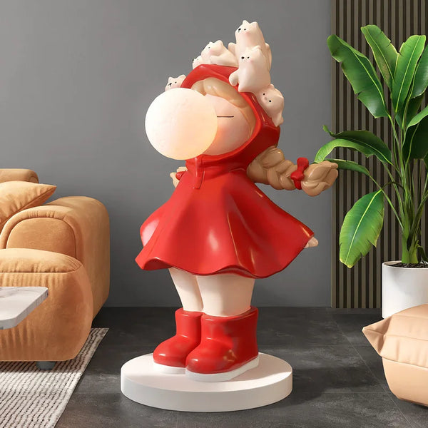 Girl Blowing Light Bubble Hooded Animals Floor Statue - Red