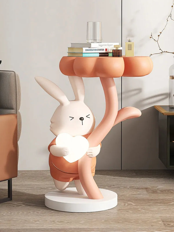 Rabbit Holding Flower Table Floor Lamp Statue - Peach