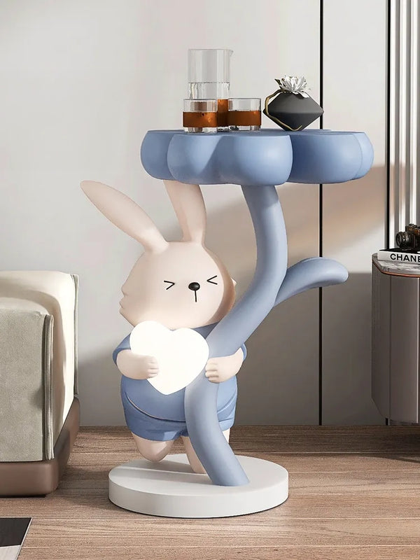 Rabbit Holding Flower Table Floor Lamp Statue - Blue