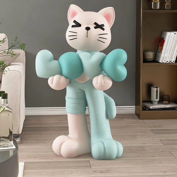 Cat Holding Love Balloons Standing Floor Statue - Aqua