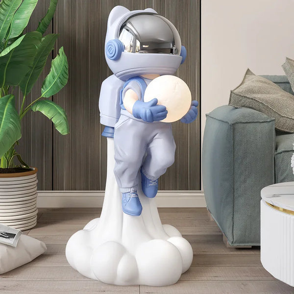 Flying Astronaut On Smoke Cloud Holding Moon Lamp Statue - Blue